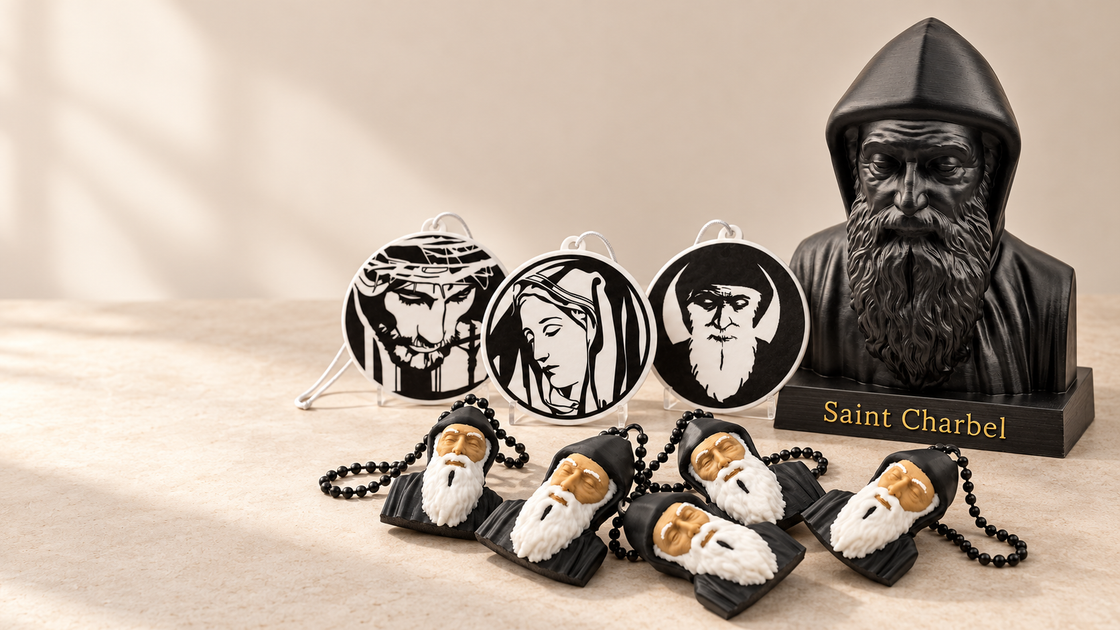 DMuly faith-inspired gifts: Jesus, Mary and Saint Charbel air fresheners, Saint Charbel key rings and an Obsidian Legacy bust