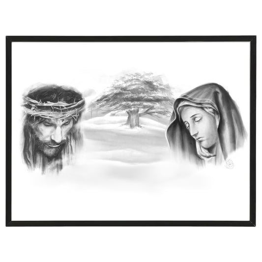 Jesus and Mother Mary with cedar tree Black and white print